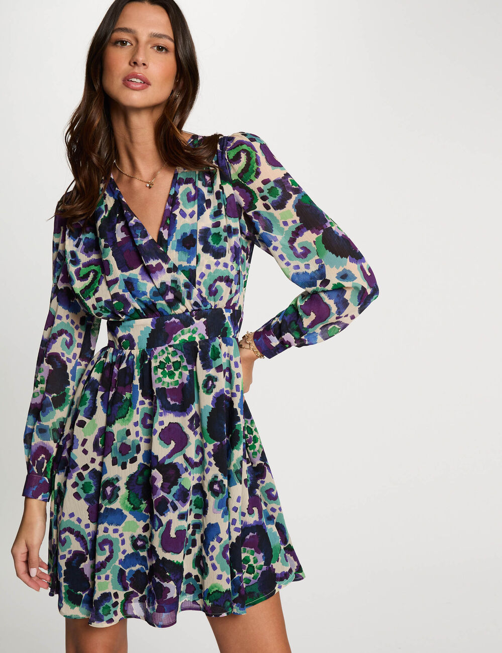 Kurzes, ausgestelltes, bedrucktes Kleid mehrfarbig damen