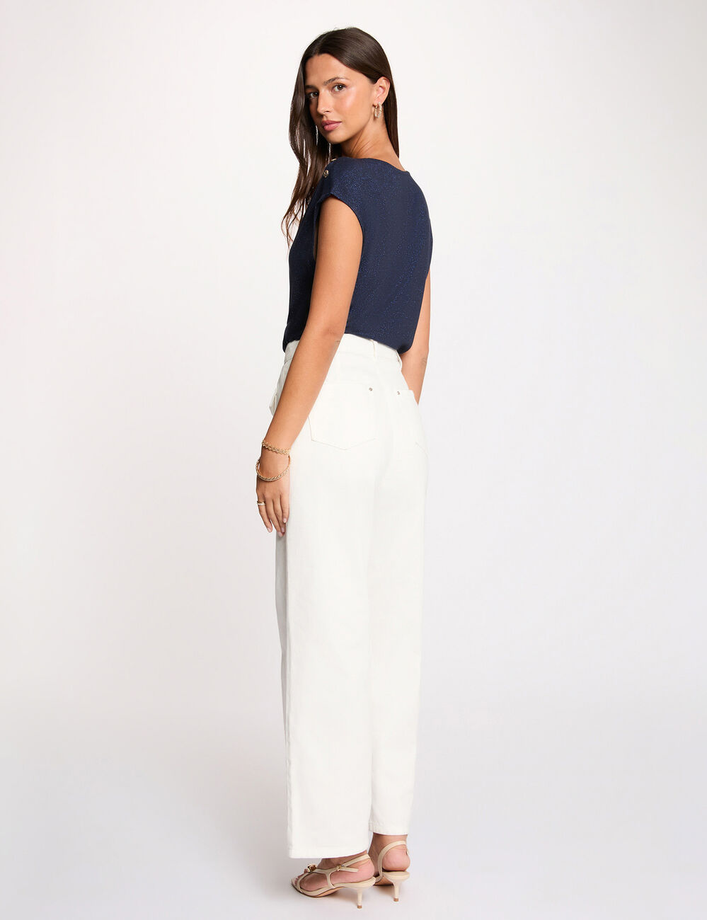 T-shirt col v boutons bleu marine femme