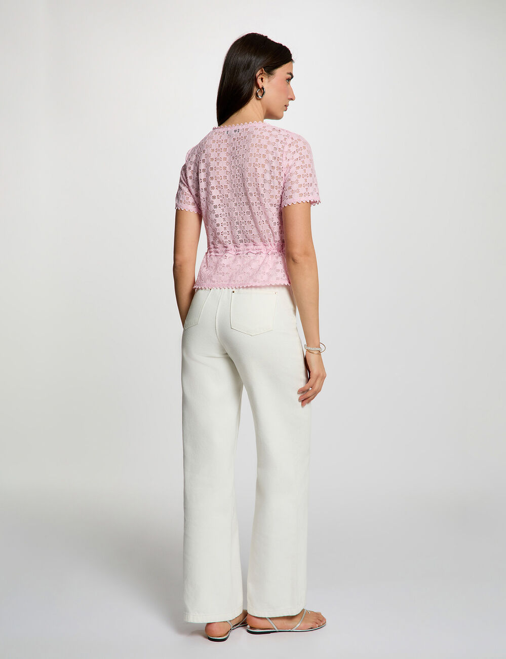 T-shirt manches courtes en dentelle rose femme