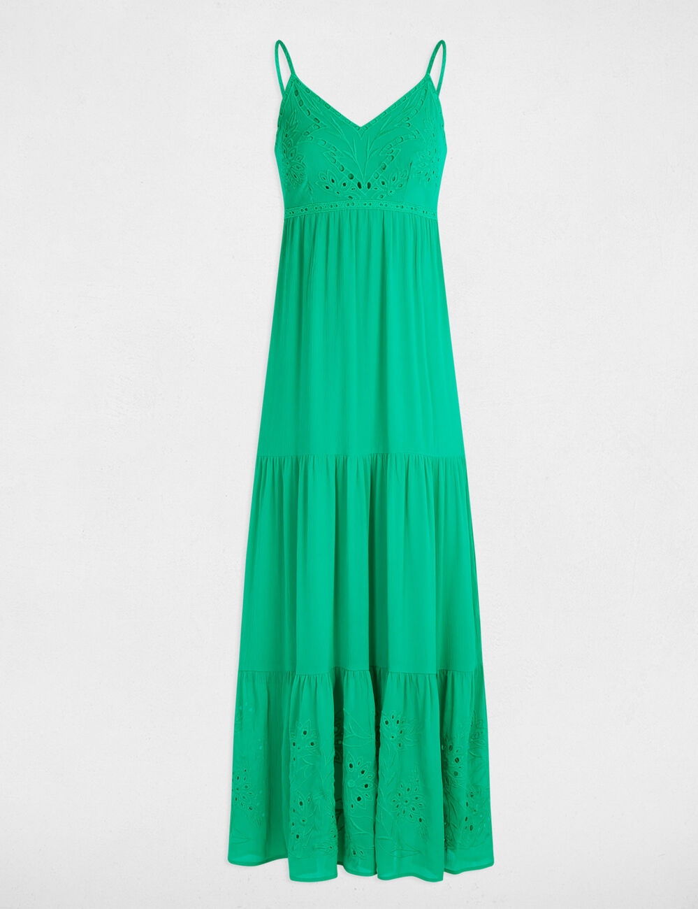 Robe longue fluide broderie vert émeraude femme