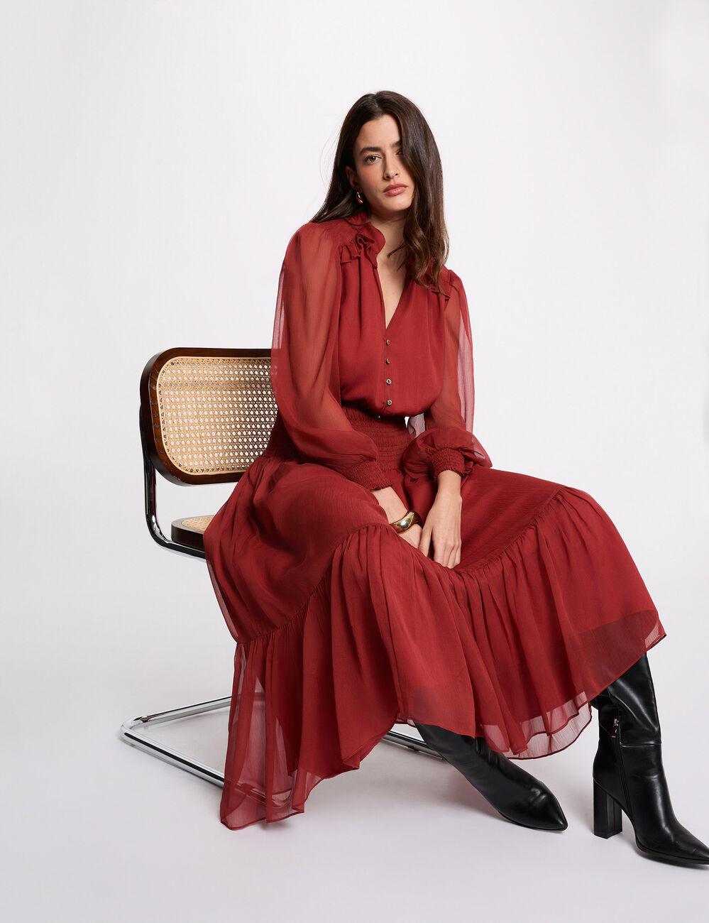 Robe longue col v orange fonc&eacute; femme