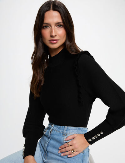 Pull manches longues avec volants noir femme