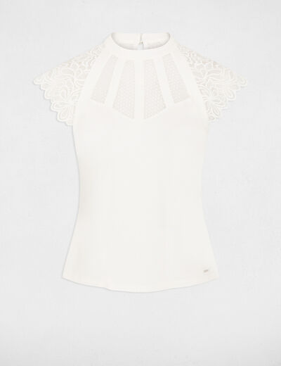 Kurzarm-T-Shirt mit Spitze elfenbein damen