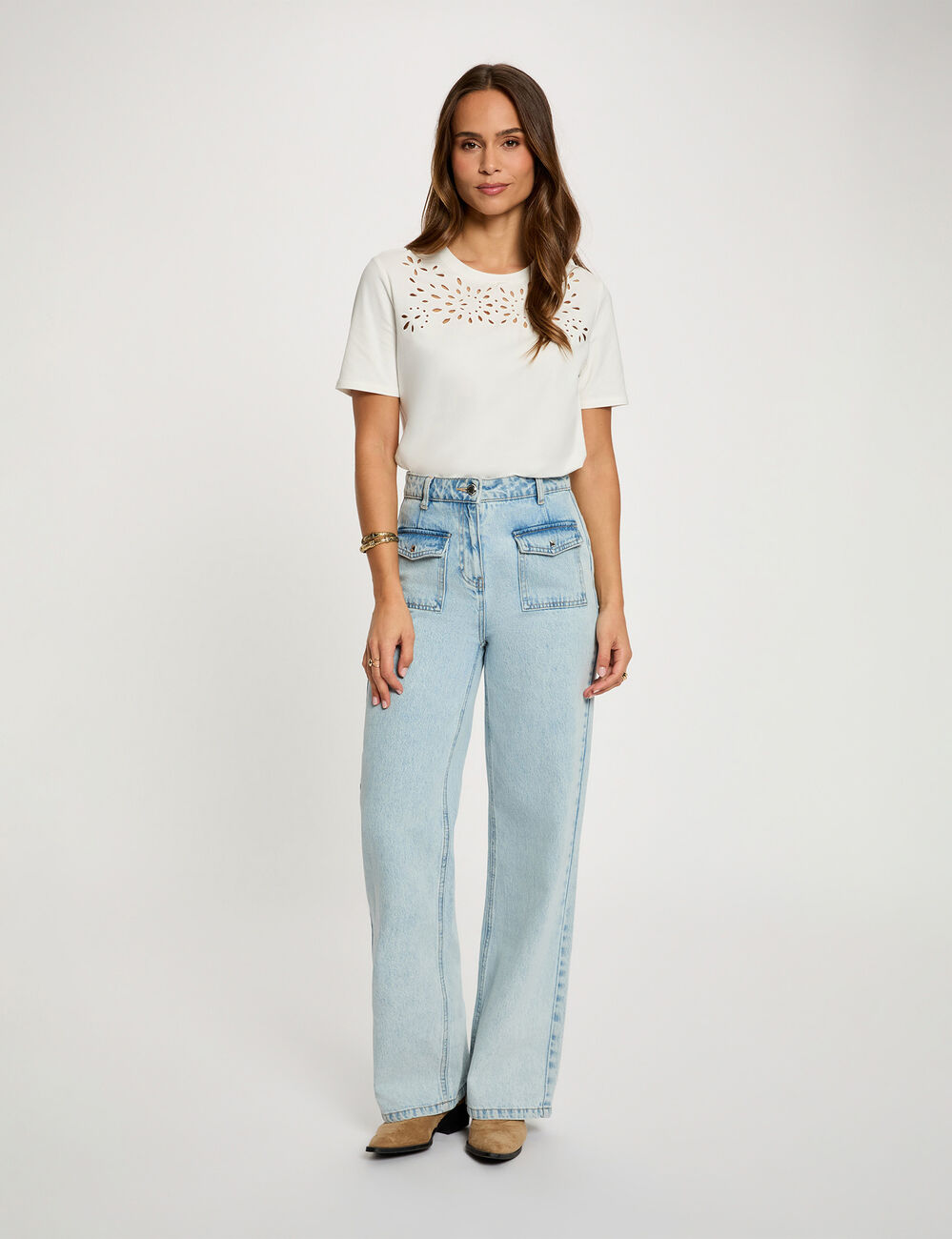 Besticktes T-Shirt mit kurzen &Auml;rmeln weiss damen