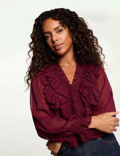 Chemise fluide col v bordeaux femme