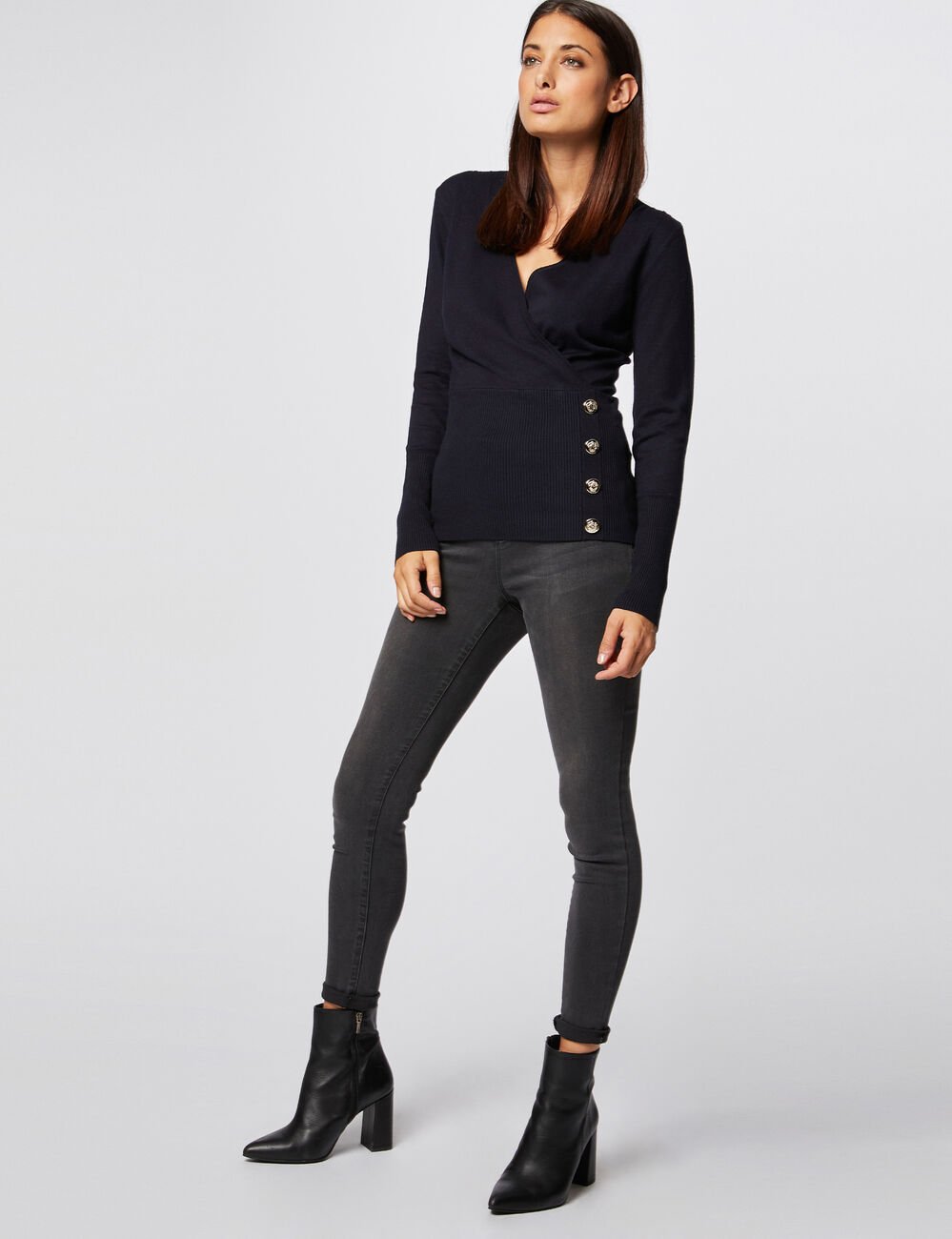 Pull manches longues &agrave; col effet crois&eacute; marine femme