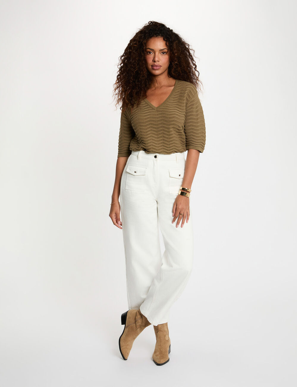 Pull col v manches 3/4 vert kaki femme