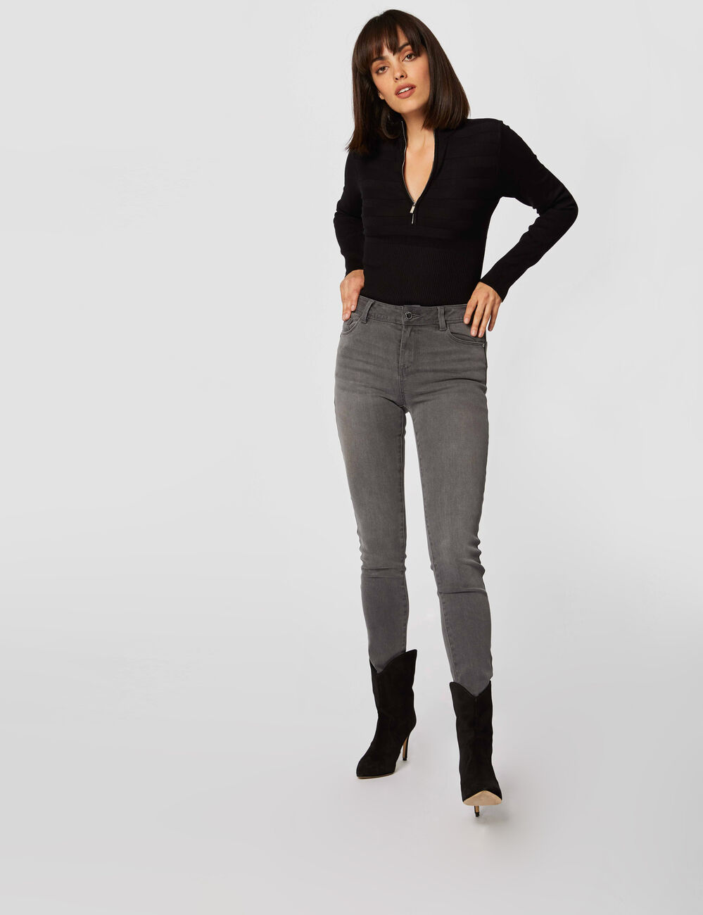 Pull manches longues col montant zipp&eacute; noir femme