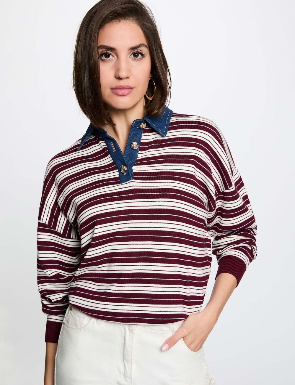 Gestreifter Pullover mit Reverskragen bordeaux damen