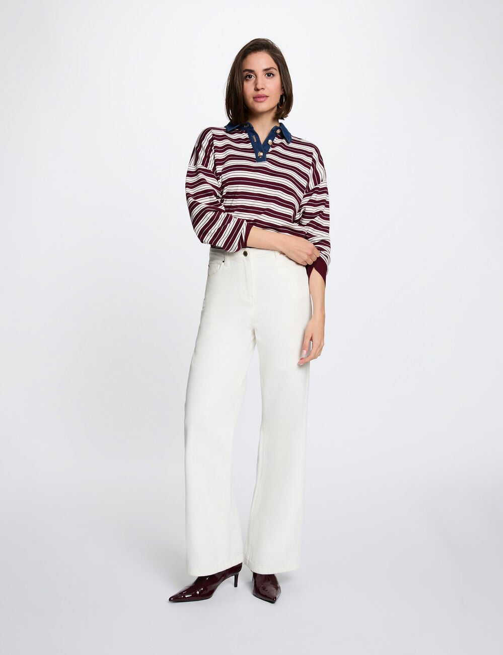 Gestreifter Pullover mit Reverskragen bordeaux damen