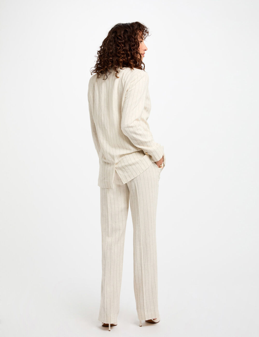Pantalon large rayé beige femme
