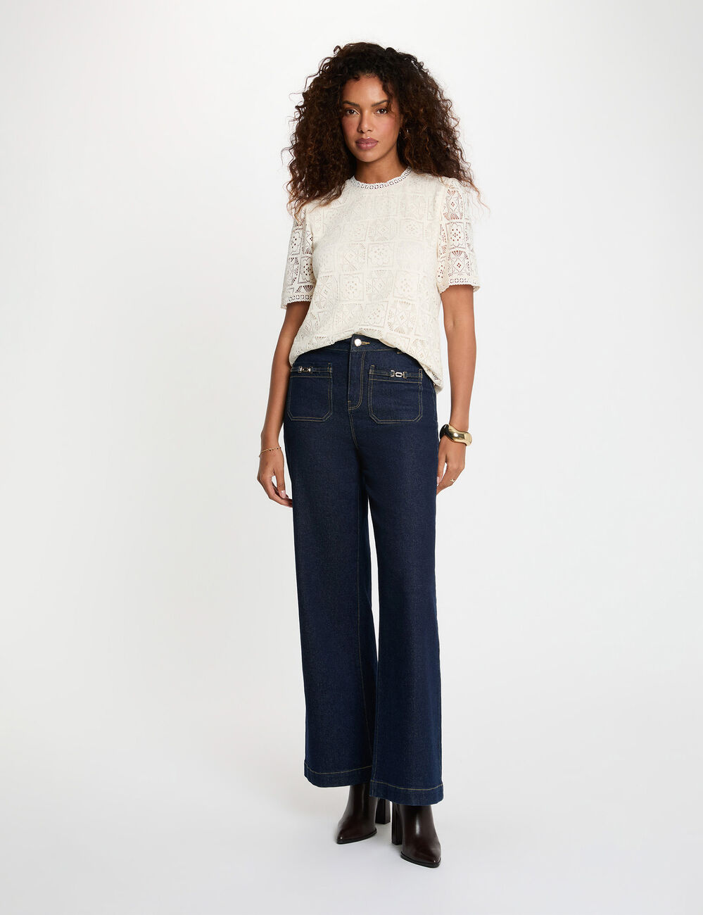 T-Shirt aus Spitze mit Stehkragen elfenbein damen