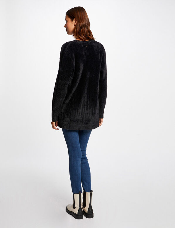 Gilet long maille duveteuse noir femme