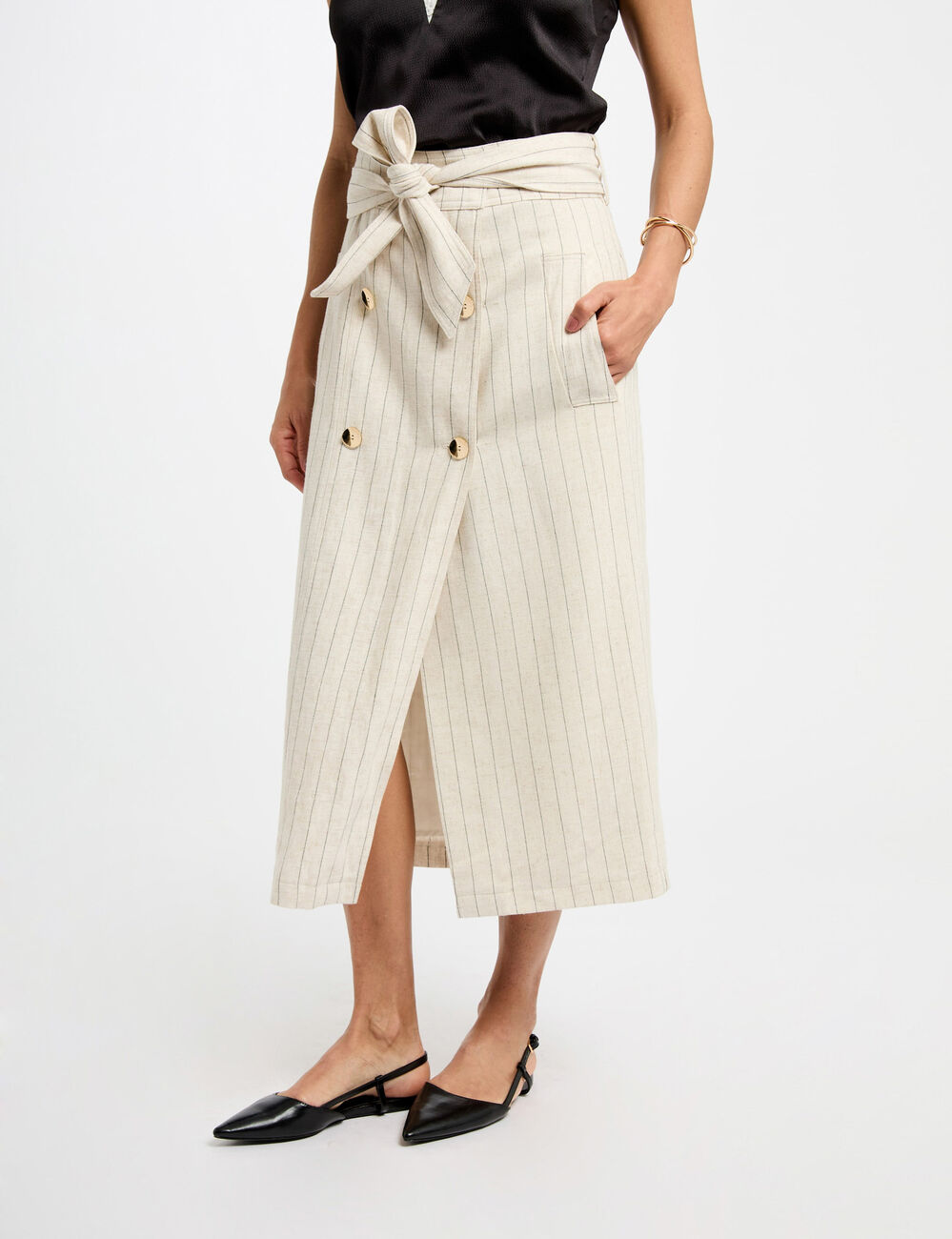 Jupe midi rayée beige femme