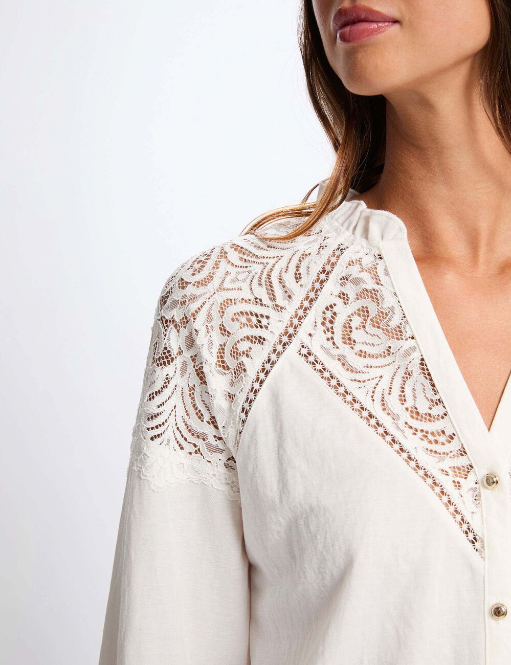 T-shirt dentelle col v blanc femme