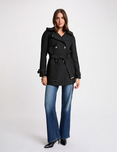 Mittellanger Trenchcoat mit Kapuze schwarz damen