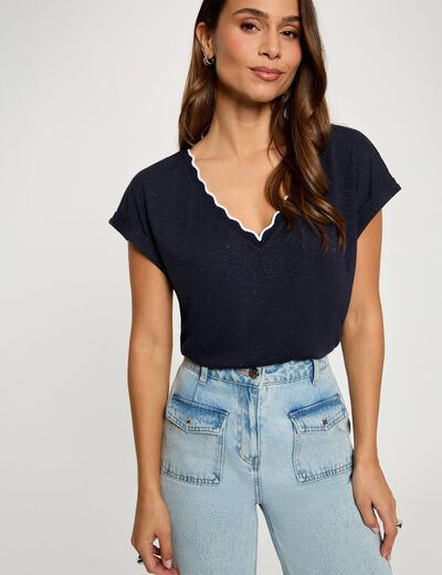 T-shirt col v manches courtes bleu marine femme