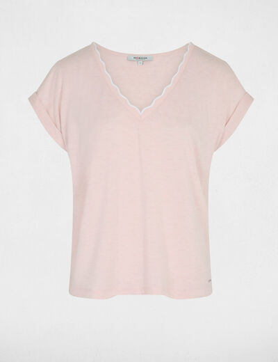 T-shirt col v manches courtes rose clair femme