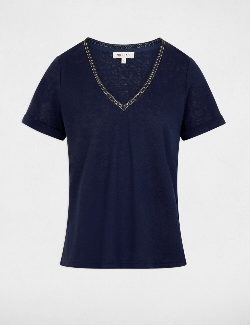 T-shirt col v perl&eacute; bleu marine femme