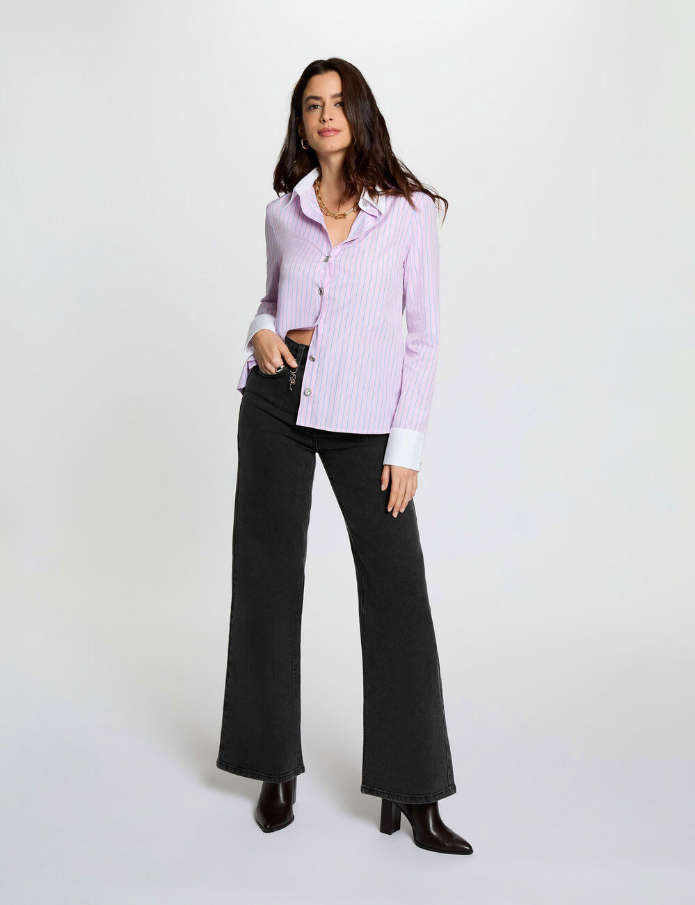 Weit geschnittene hochgeschnittene Hose schwarz denim damen