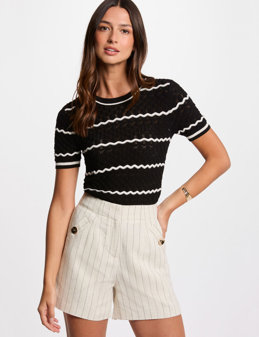 Gestreifte High-Waist-Shorts beige damen