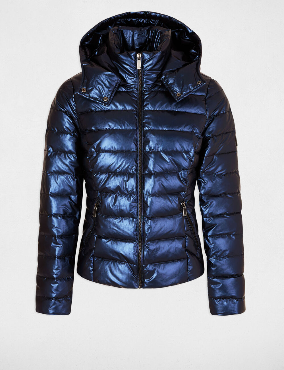 Metallisierte Daunenjacke mit Kapuze blau damen
