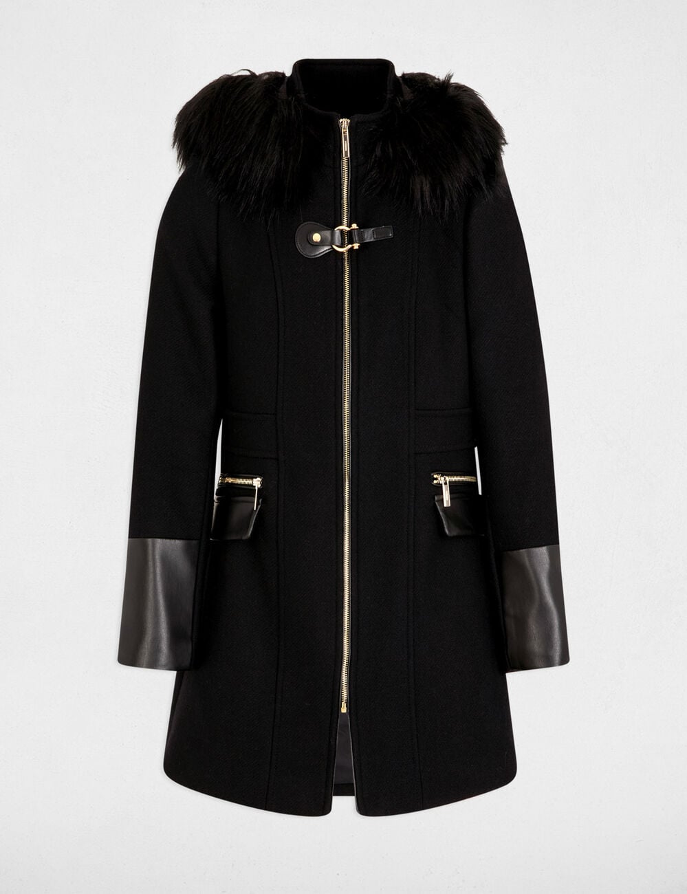 Manteau bouclette col montant noir femme