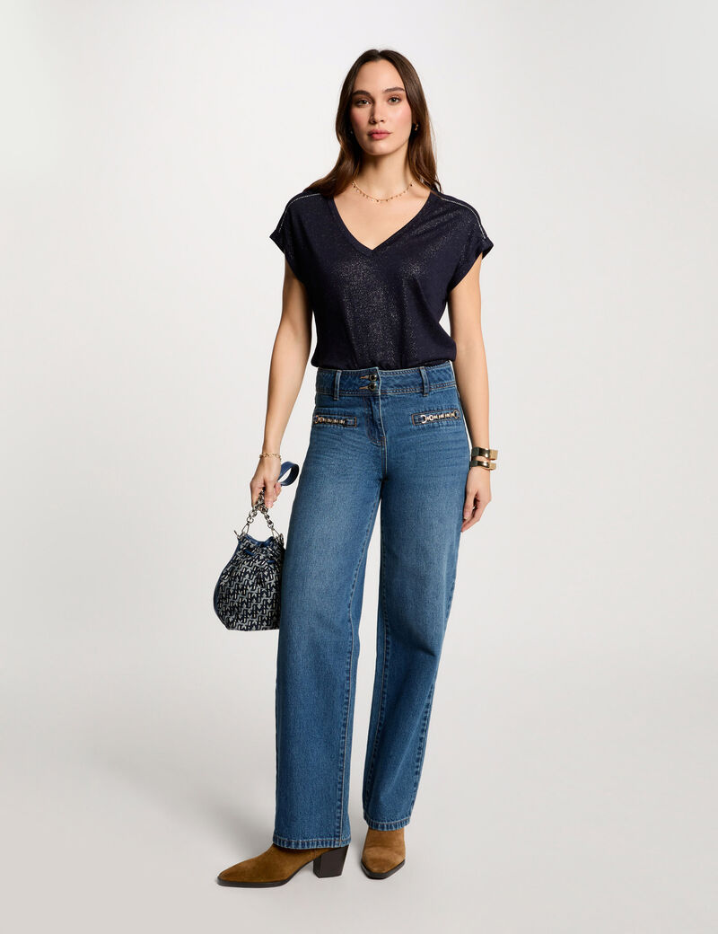 T-Shirt mit kurzen Ärmeln und Strass marineblau damen
