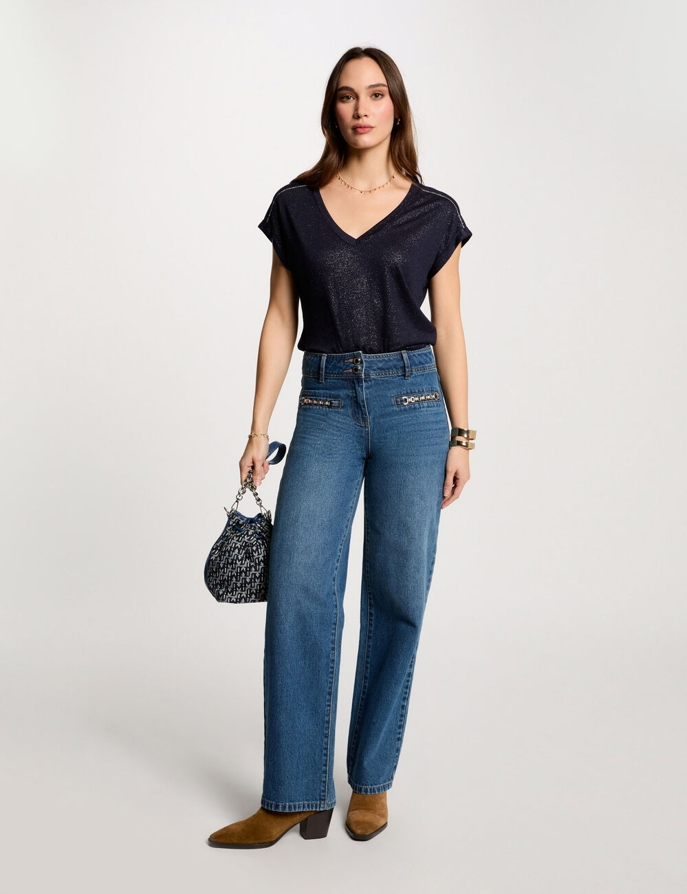 T-Shirt mit kurzen Ärmeln und Strass marineblau damen