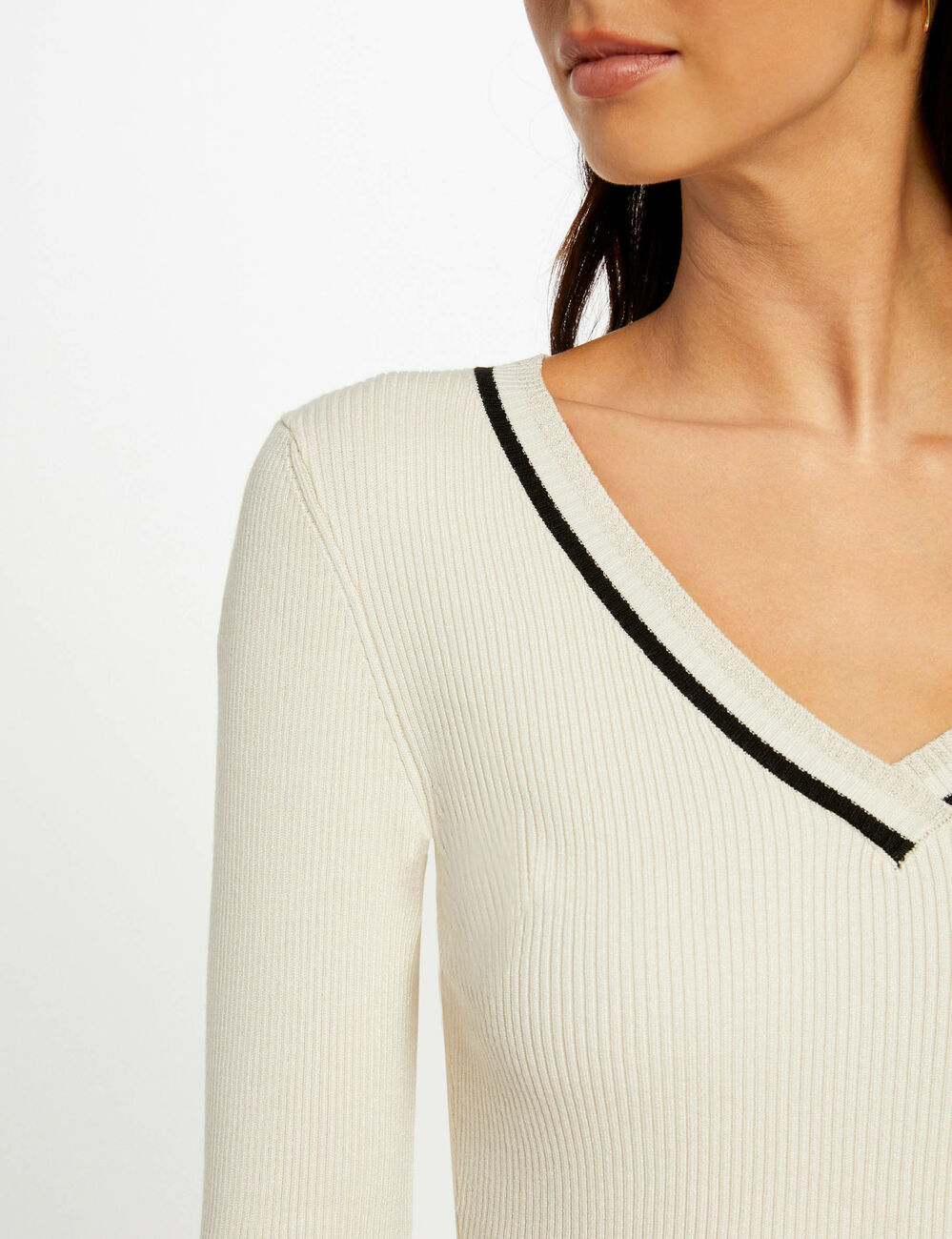 Langarm-Pullover mit V-Ausschnitt elfenbein damen