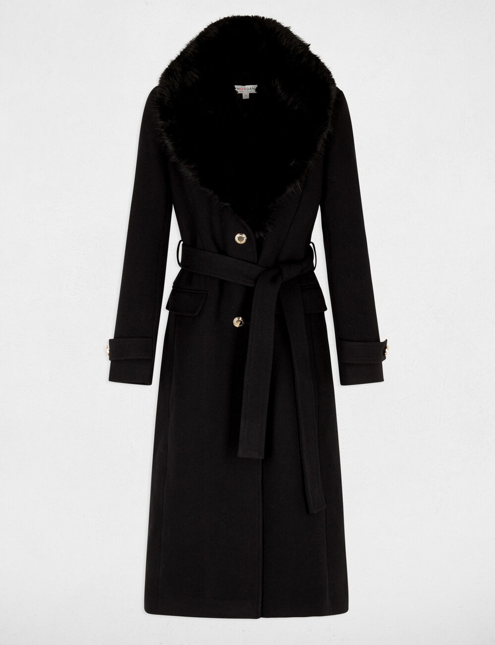Manteau long ceintur&eacute; noir femme
