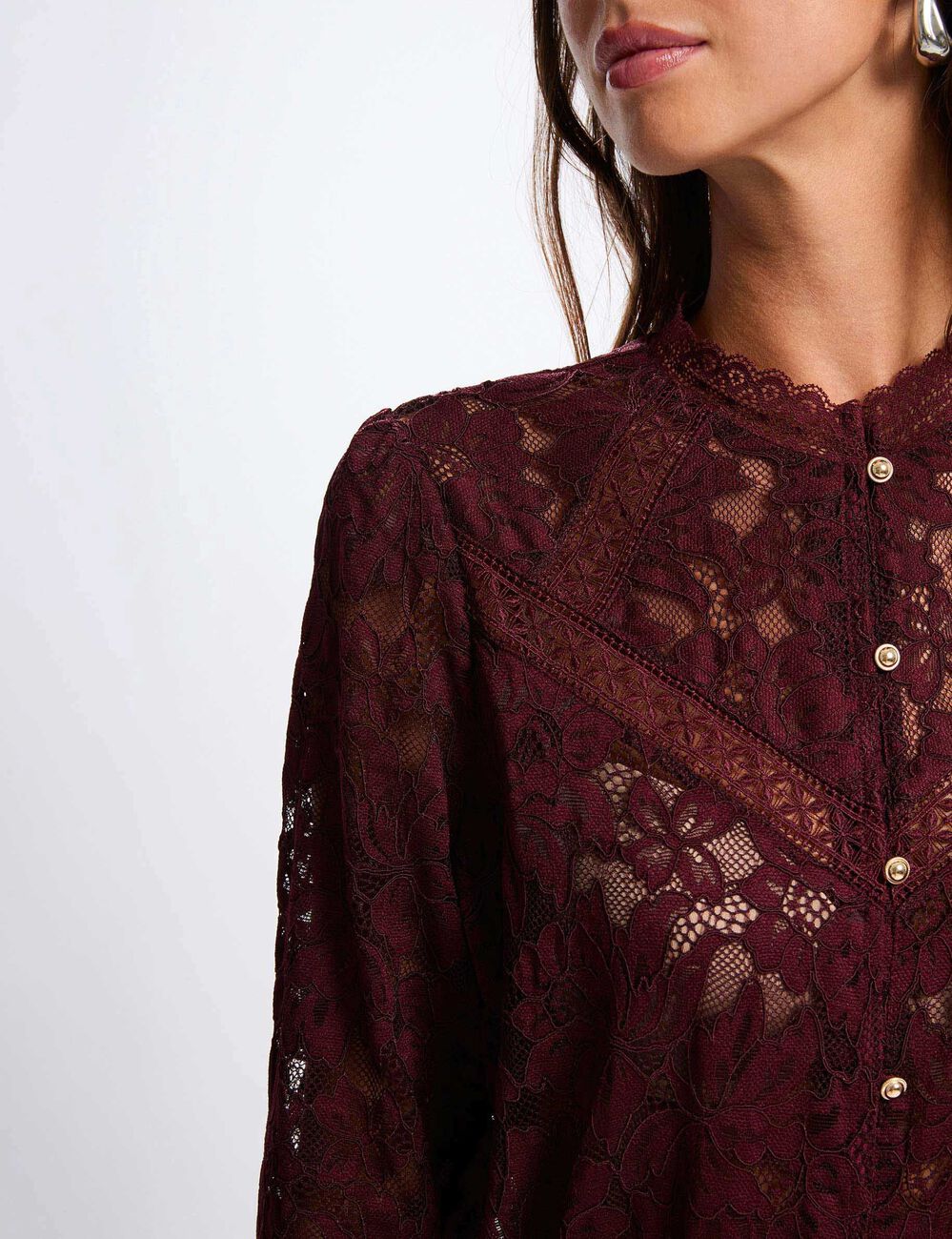 T-Shirt aus Spitze mit Stehkragen pflaume damen