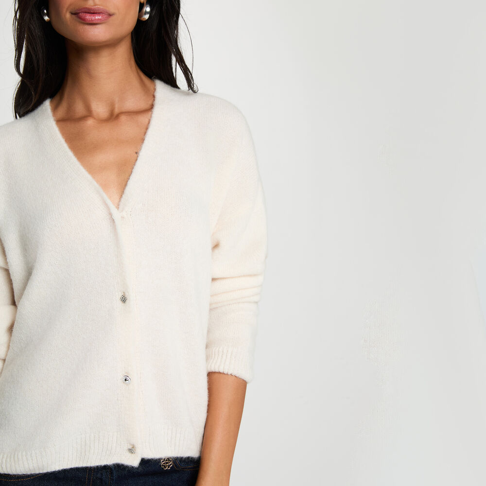 Gilet tricot col v ivoire femme