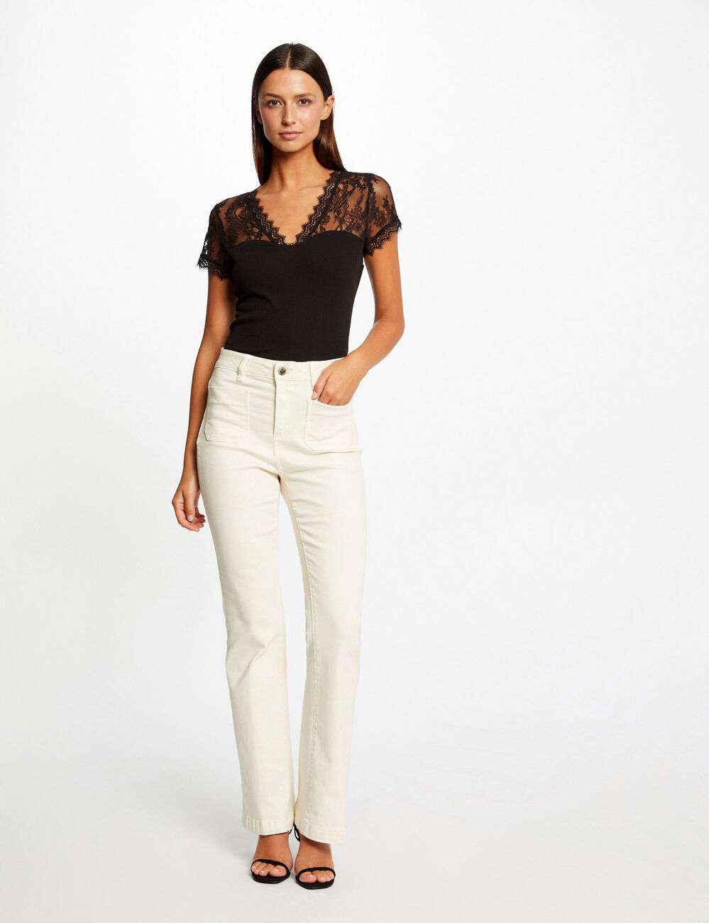 T-shirt manches courtes &agrave; dentelle noir femme