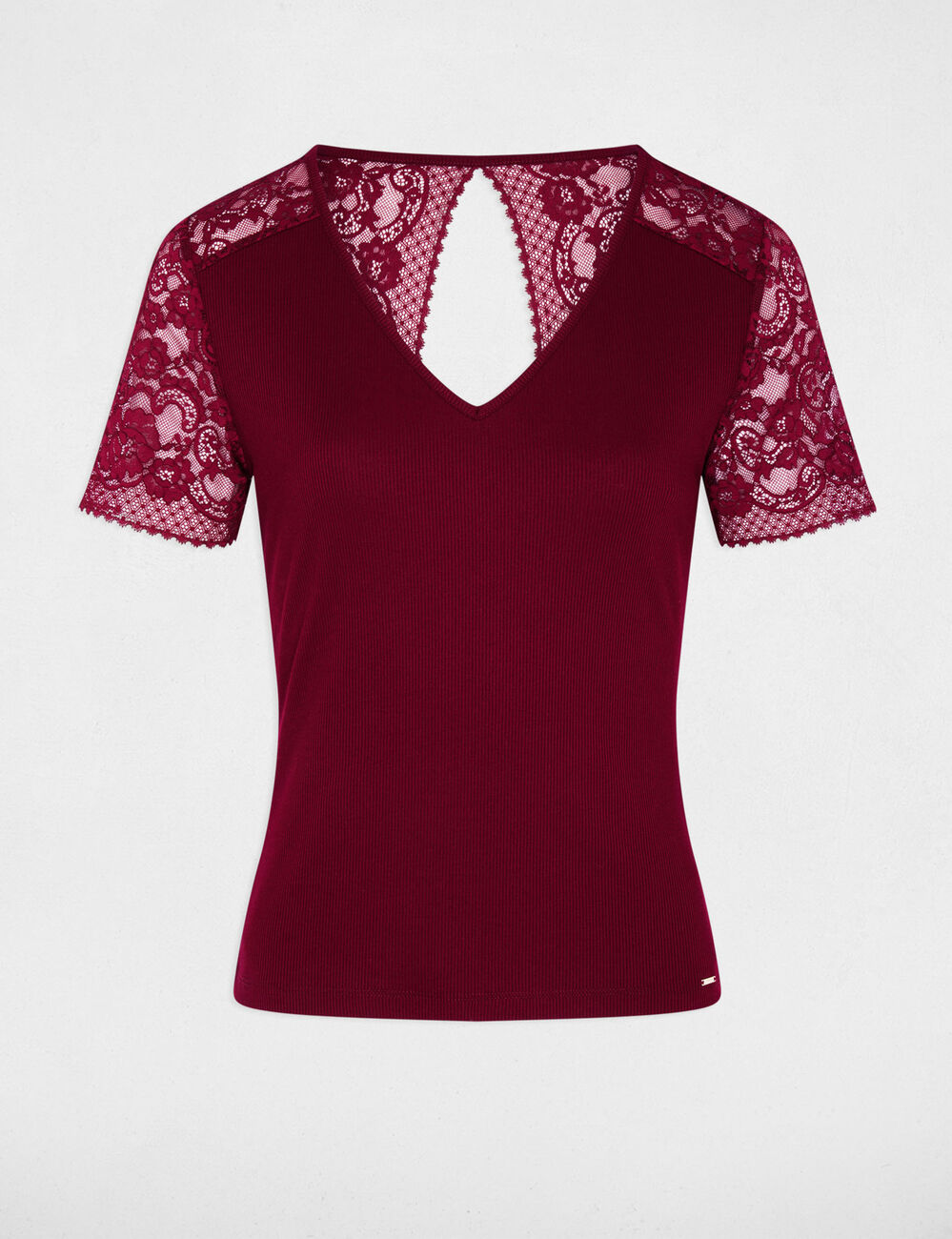 T-shirt dentelle col v bordeaux femme