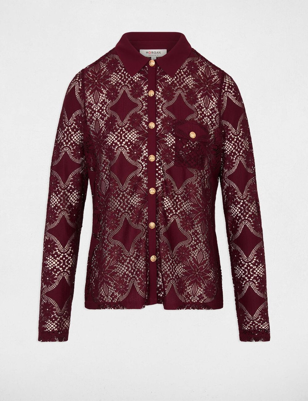 Chemise dentelle col &agrave; revers bordeaux femme