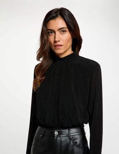 T-shirt col montant strass noir femme