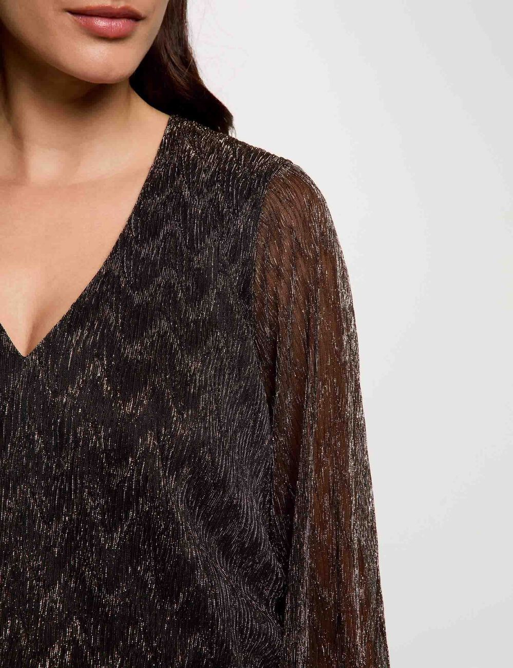 T-shirt col v manches longues couleur bronze femme