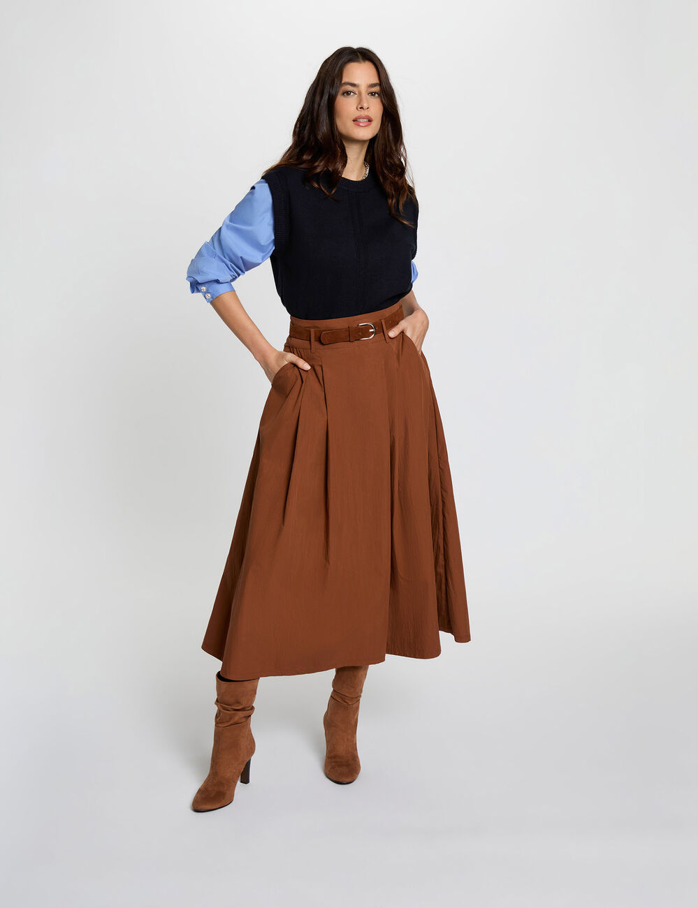 Jupe longue pliss&eacute;e marron cognac femme