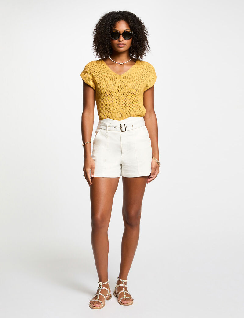 Pull manches courtes jaune moutarde femme