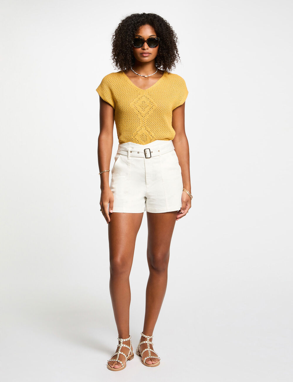 Pull manches courtes jaune moutarde femme