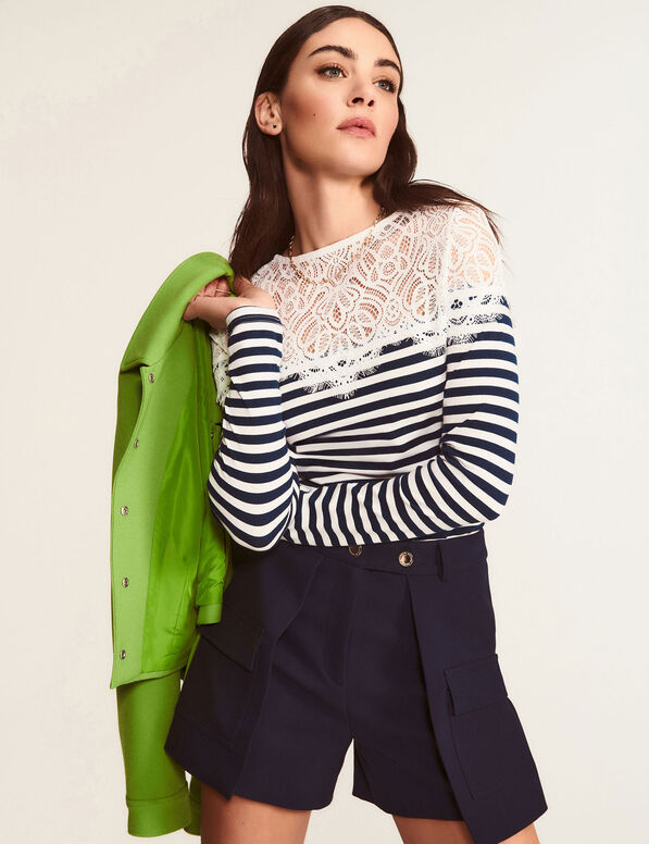 Gestreiftes Langarm-T-Shirt weiss damen