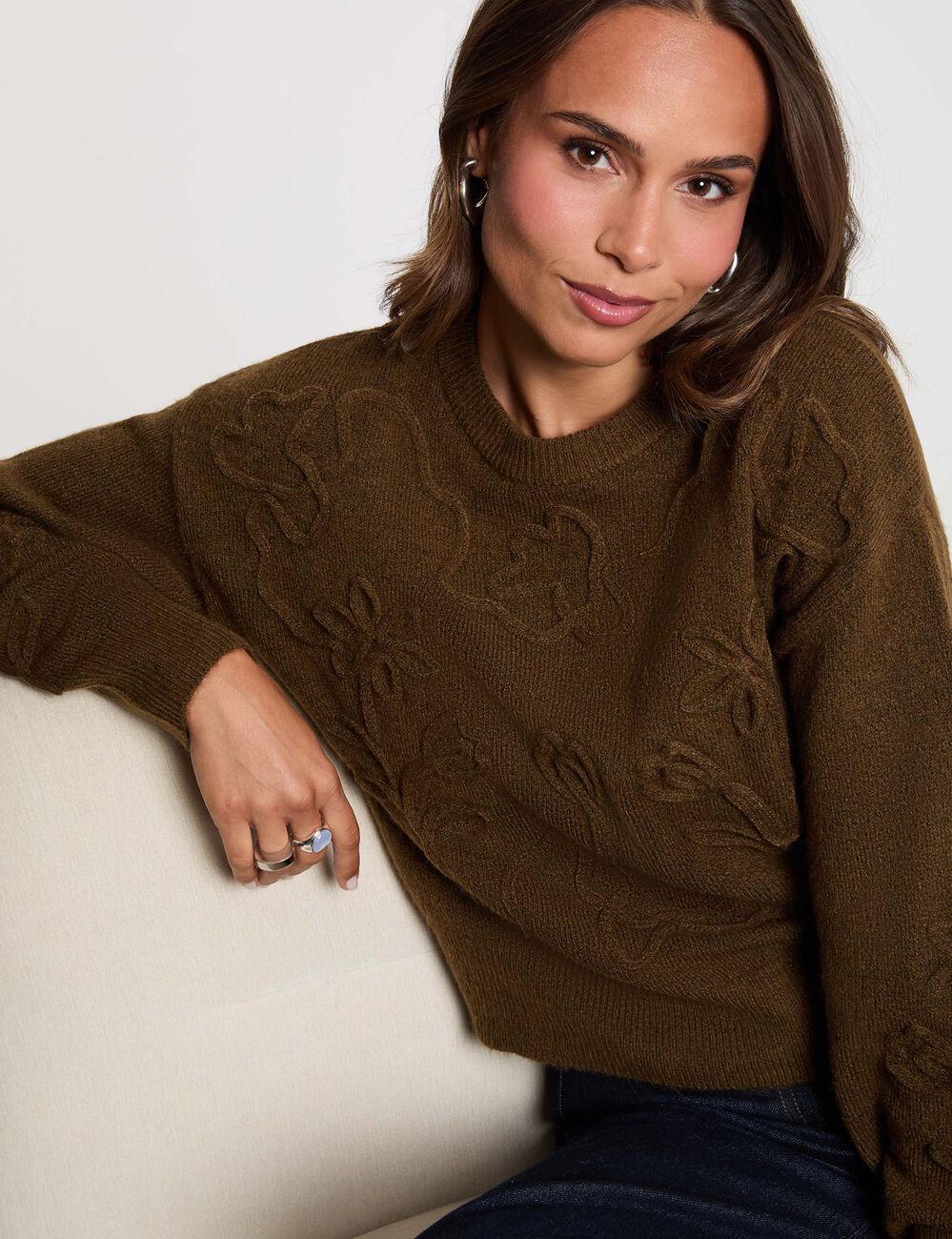 Pullover mit Rundhals und Muster khakigr&uuml;n damen