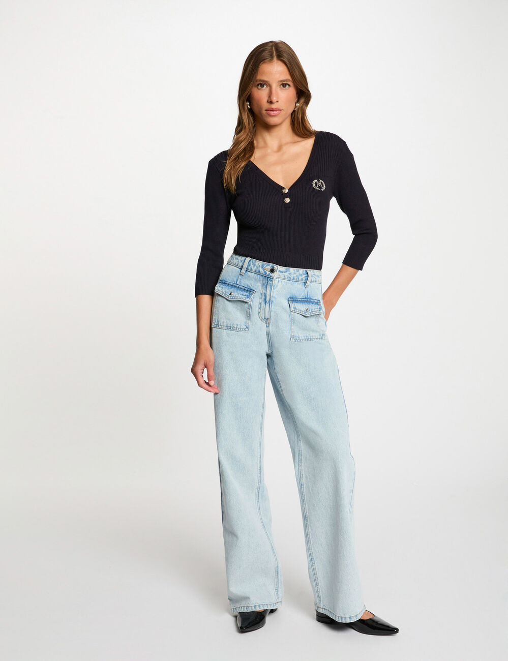 Gerippter Pullover mit V-Ausschnitt marineblau damen
