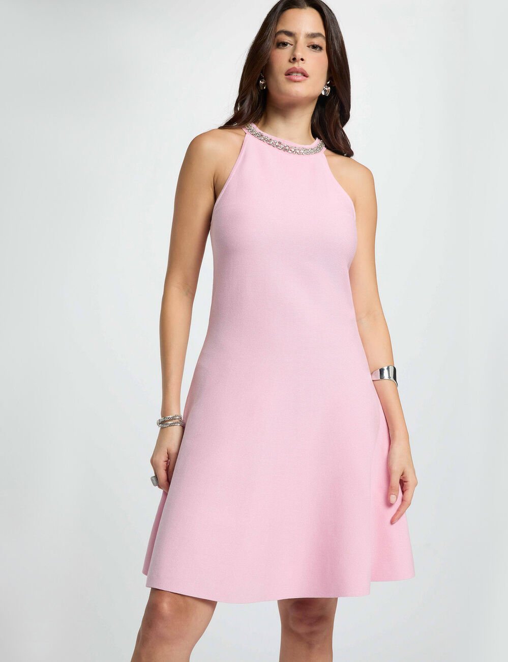 Robe tricot trap&egrave;ze rose clair femme
