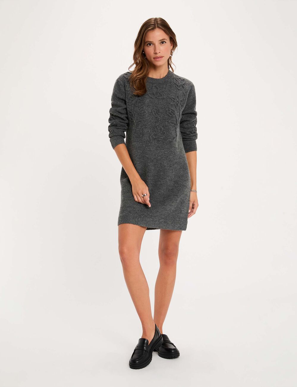 Robe tricot manches longues gris fonc&eacute; femme