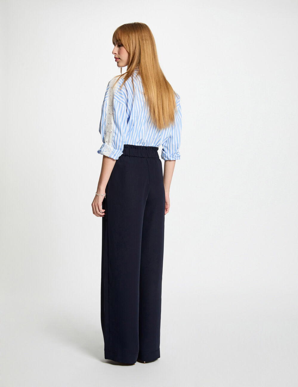 Pantalon large taille haute bleu marine femme