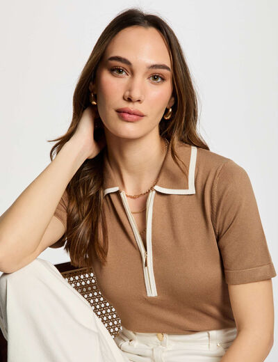 Poloshirt mit Reißverschluss sandfarben damen