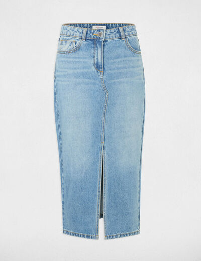 Jupe midi droite en jean denim stone femme
