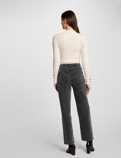 Pull col montant côtelé ivoire femme